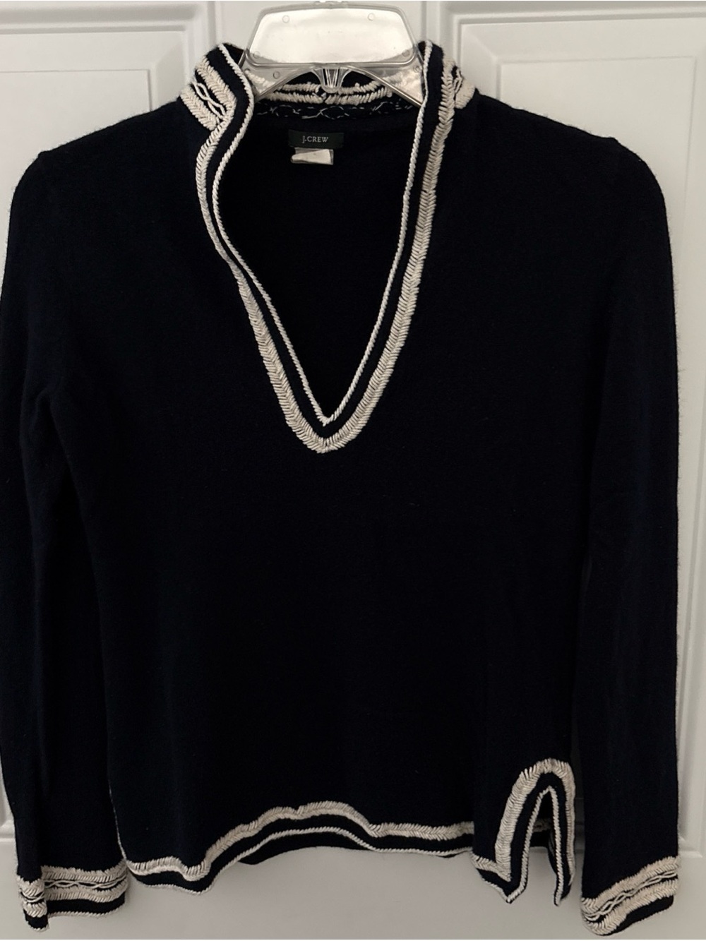 J. Crew Black V-Neck Sweater with Cream Trim Accents
